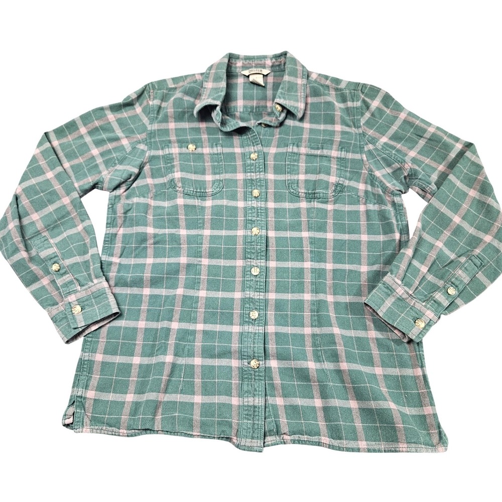 Duluth Trading Co Flannel Shirt Womens‎ Small Green Pink Plaid Cabin Button Down